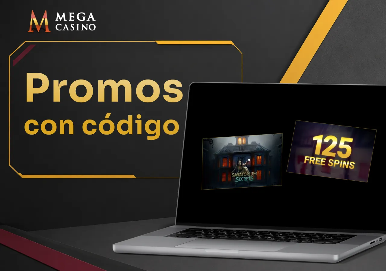 Portátil con la lista completa de bonos con códigos promocionales de Mega Casino.