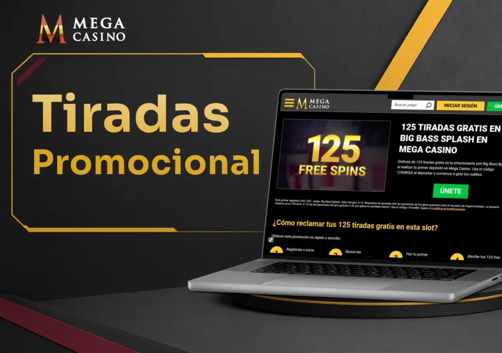 Portátil con la sección de bonos con giros gratis disponibles en Mega Casino.