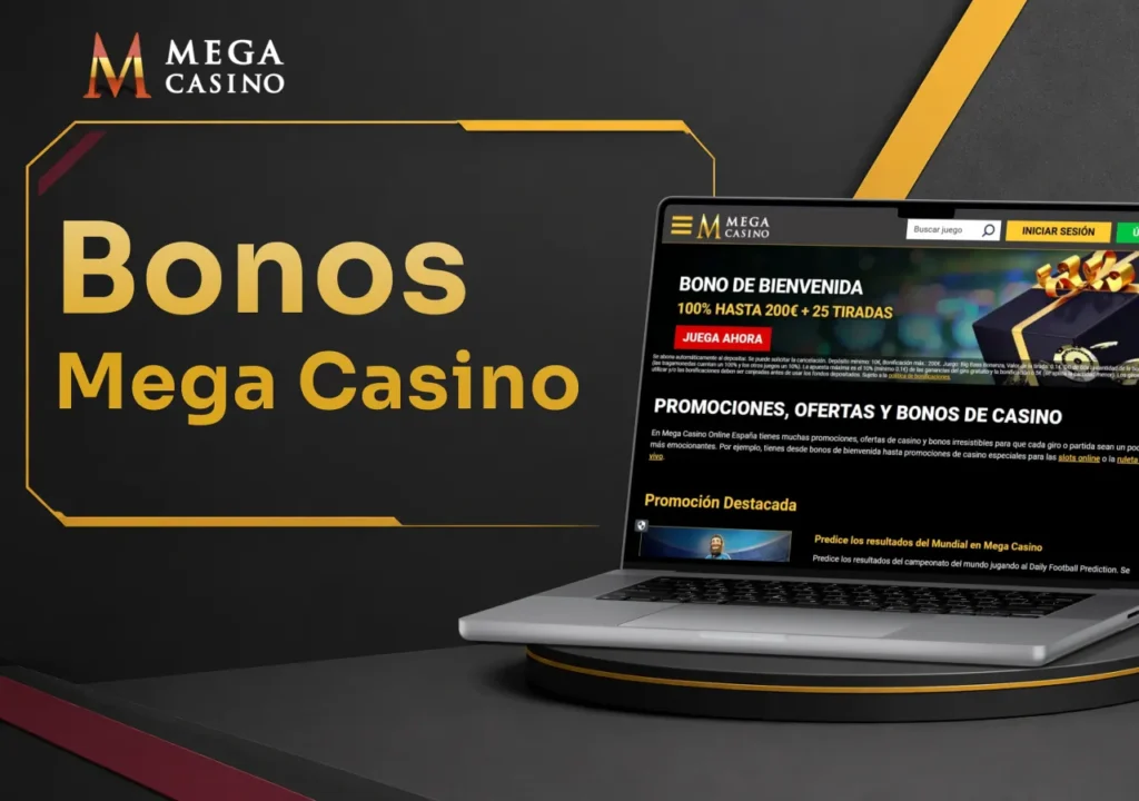 Portátil con la lista completa de bonos disponibles en Mega Casino para todos los jugadores.